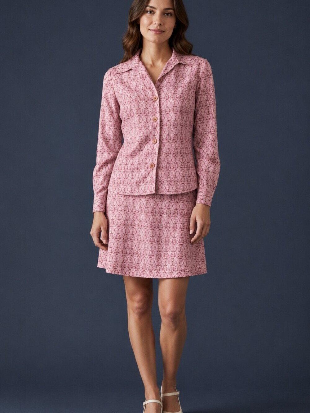 VTG 1960s-1970s HANDMADE Pink Polyester Long Sleeve Button Down Mini Skirt Set
